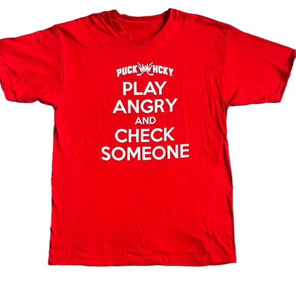 PUCK HCKY RED “PLAY ANGRY AND CHECK SOMEONE” SHORT SLEEVE GRAPHIC T-SHIRT - Picture 1 of 6